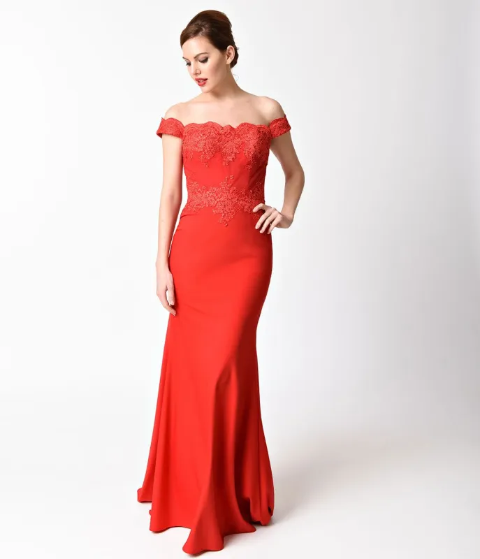 Ladivine by Cinderella Divine Red Lace Off the Shoulder Embellished Gown sold by Unique Vintage