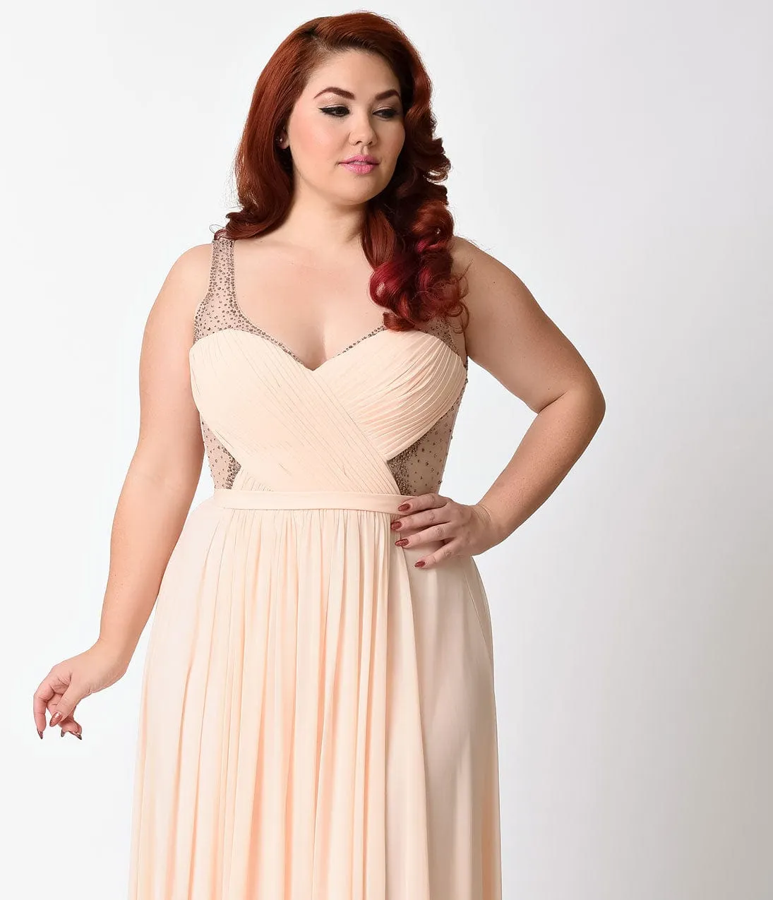 Ladivine by Cinderella Divine Plus Size Peach Sheer Embellished Chiffon Long Dress sold by Unique Vintage product image thumbnail 2