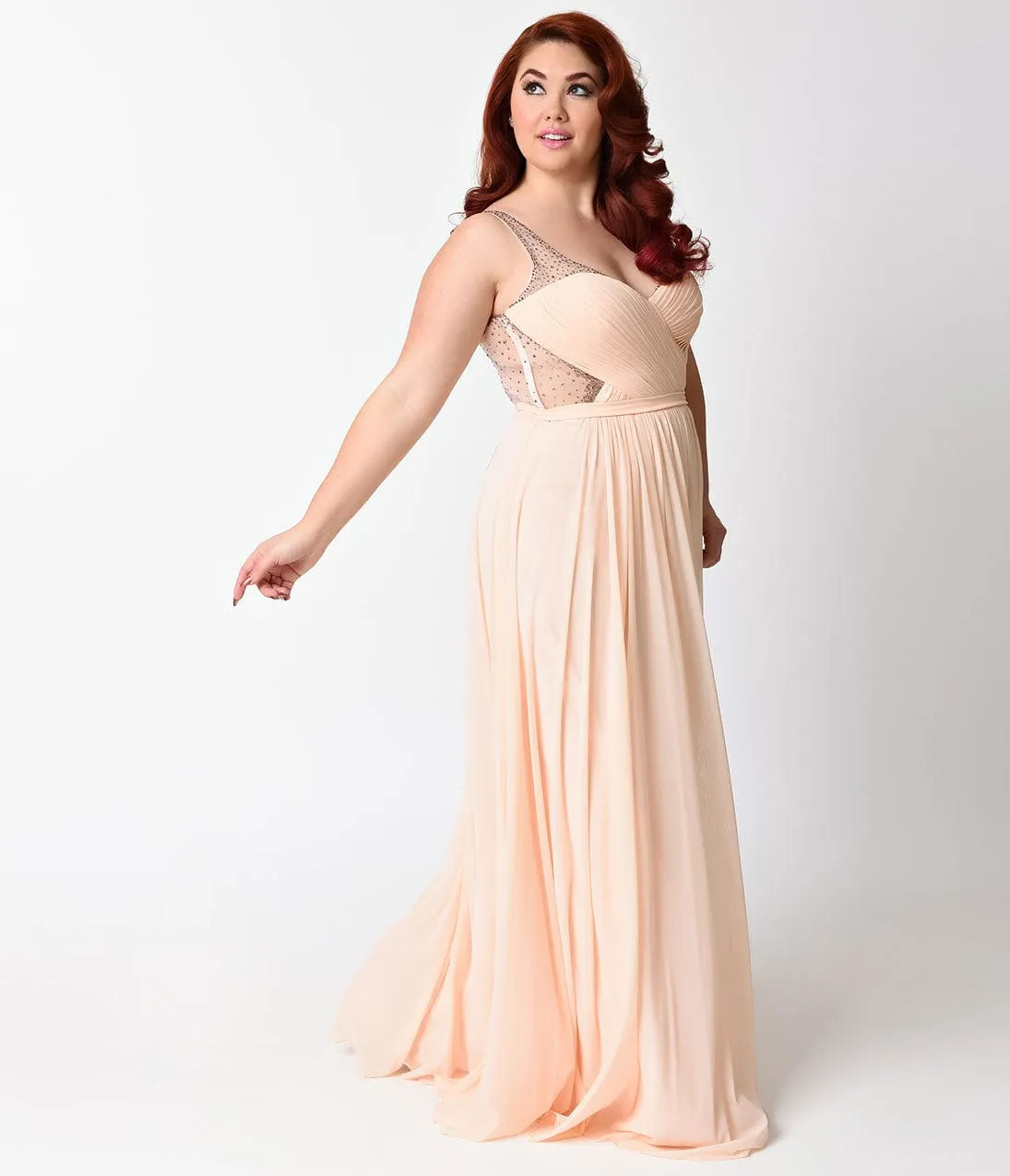 Ladivine by Cinderella Divine Plus Size Peach Sheer Embellished Chiffon Long Dress sold by Unique Vintage product image thumbnail 3