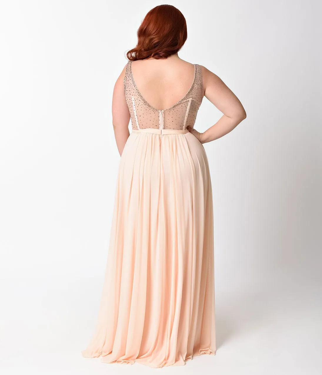 Ladivine by Cinderella Divine Plus Size Peach Sheer Embellished Chiffon Long Dress sold by Unique Vintage product image thumbnail 4