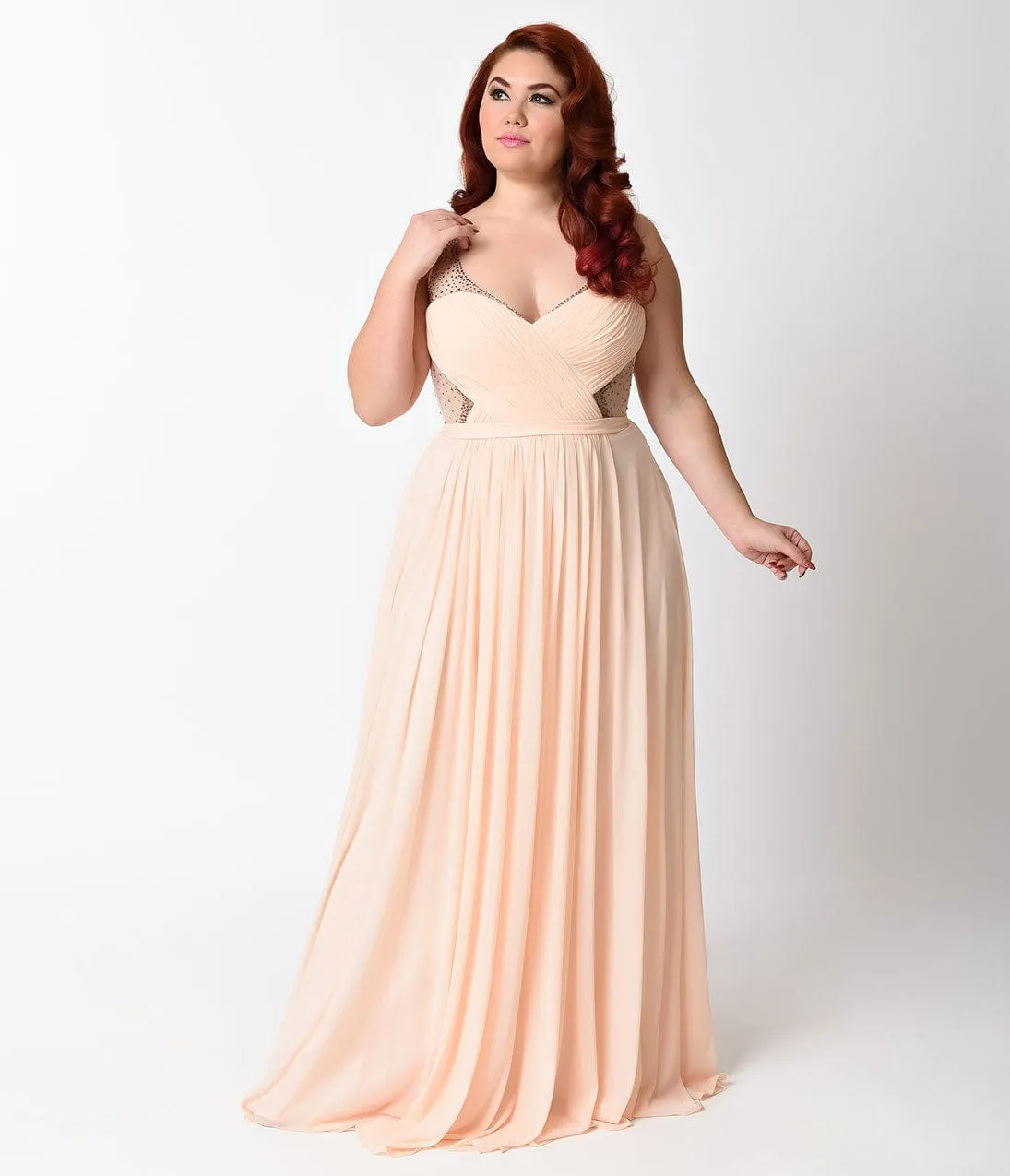 Ladivine by Cinderella Divine Plus Size Peach Sheer Embellished Chiffon Long Dress sold by Unique Vintage
