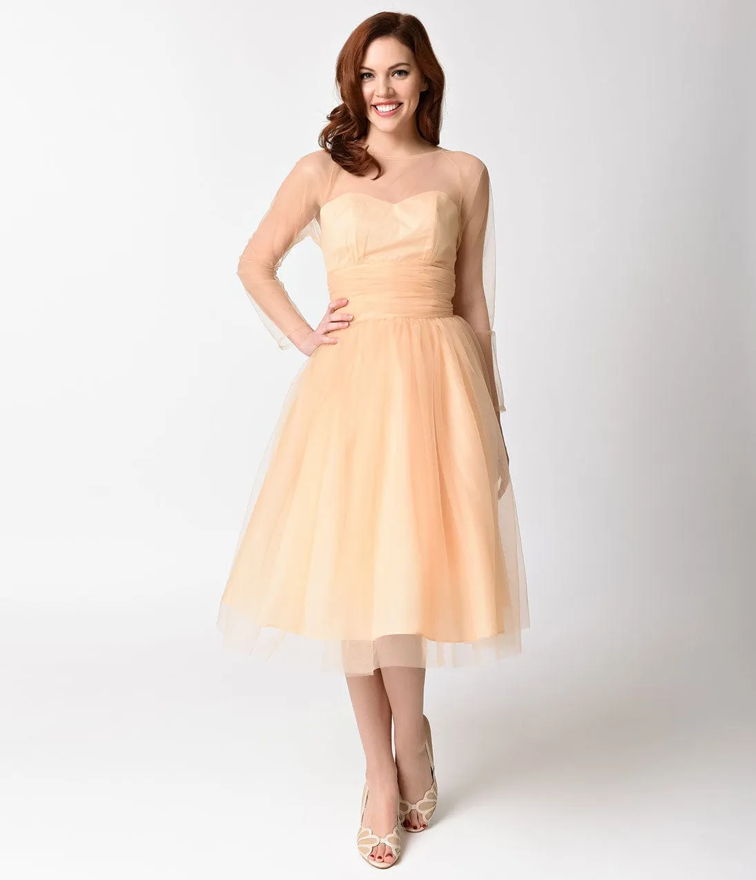 Unique Vintage Peach Mesh Long Sleeved Dita Swing Dress sold by Unique Vintage product image thumbnail 4