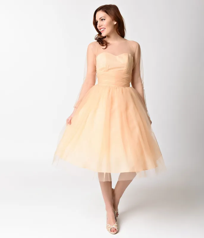 Unique Vintage Peach Mesh Long Sleeved Dita Swing Dress made by Unique Vintage