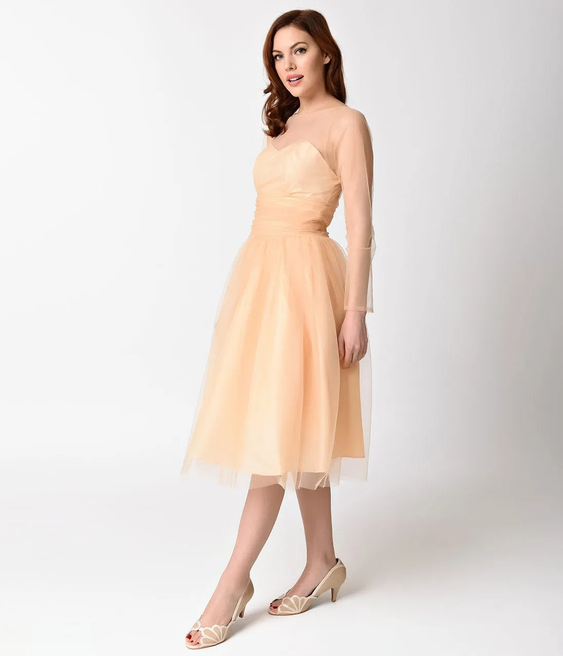 Unique Vintage Peach Mesh Long Sleeved Dita Swing Dress sold by Unique Vintage product image thumbnail 5