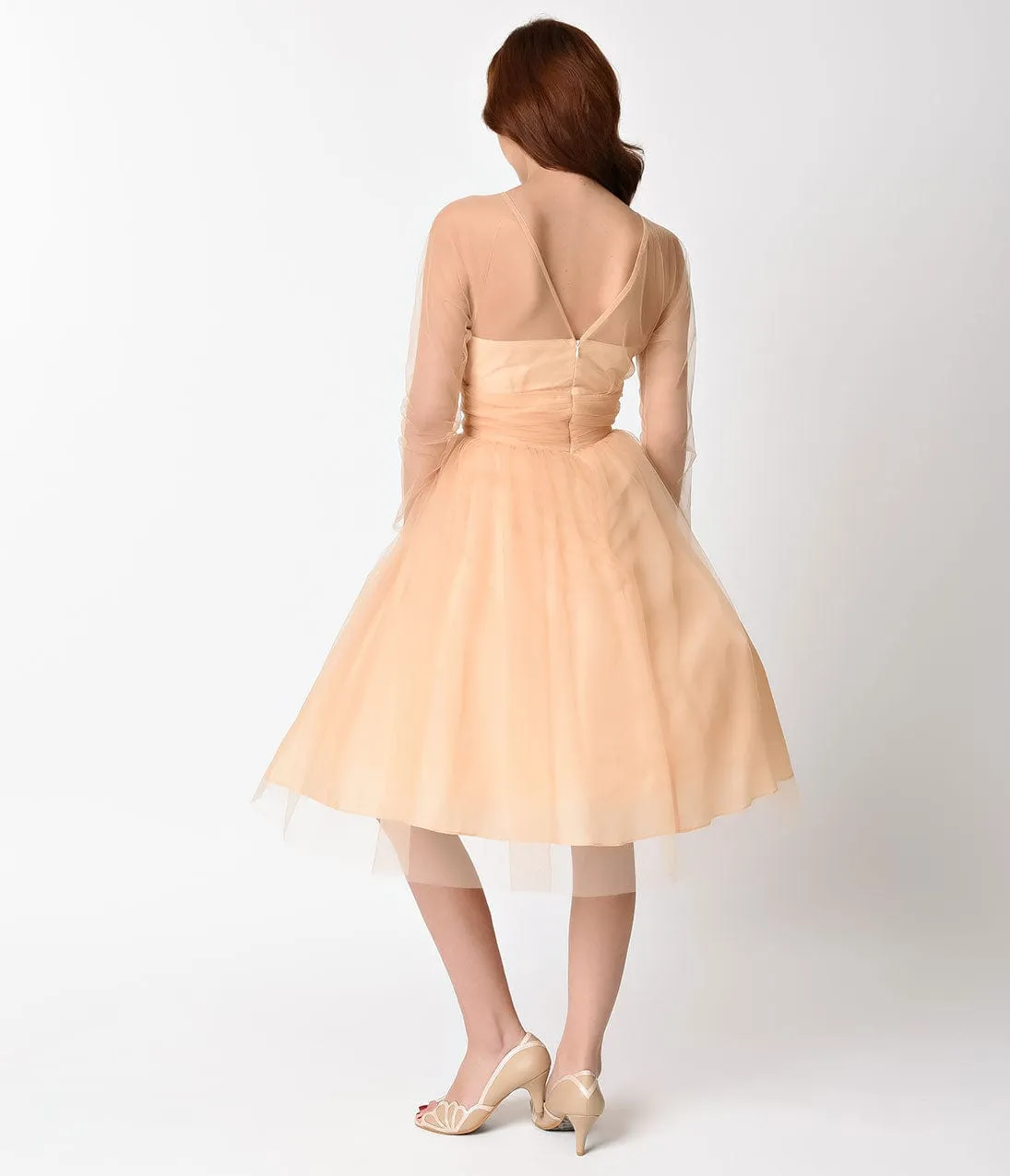 Unique Vintage Peach Mesh Long Sleeved Dita Swing Dress sold by Unique Vintage product image thumbnail 2