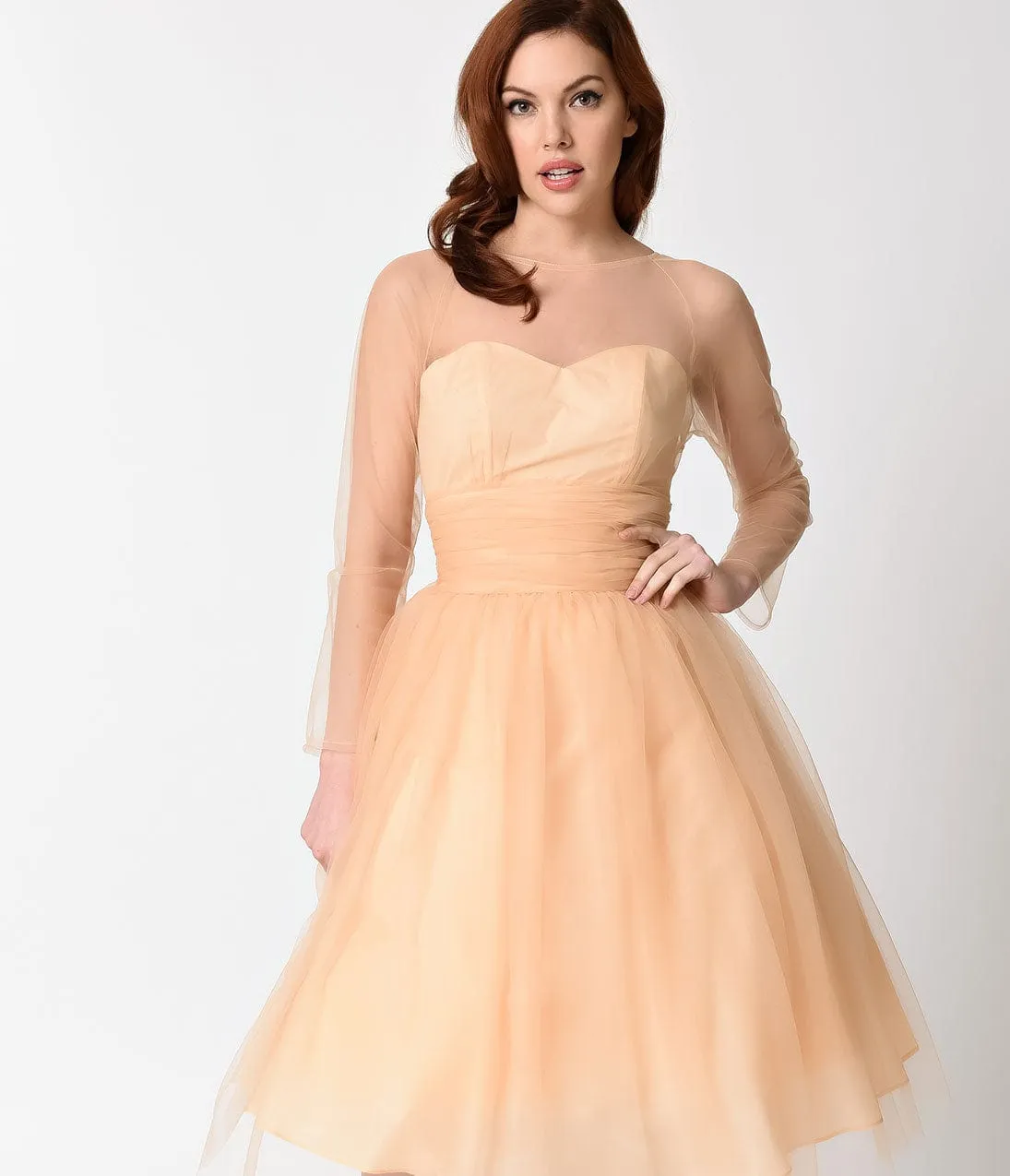 Unique Vintage Peach Mesh Long Sleeved Dita Swing Dress sold by Unique Vintage product image thumbnail 3