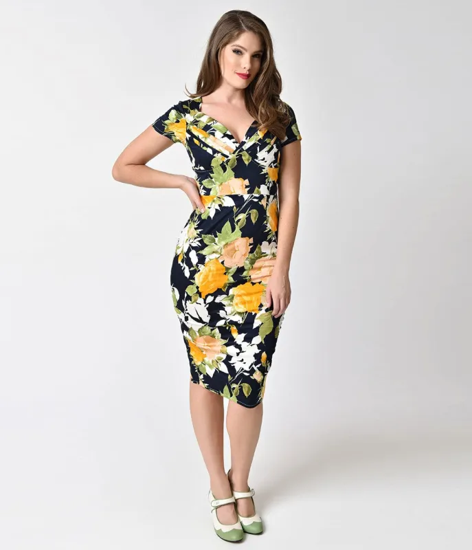 Unique Vintage 1950s Style Navy & Yellow Floral St. Pierre Wiggle Dress made by Unique Vintage