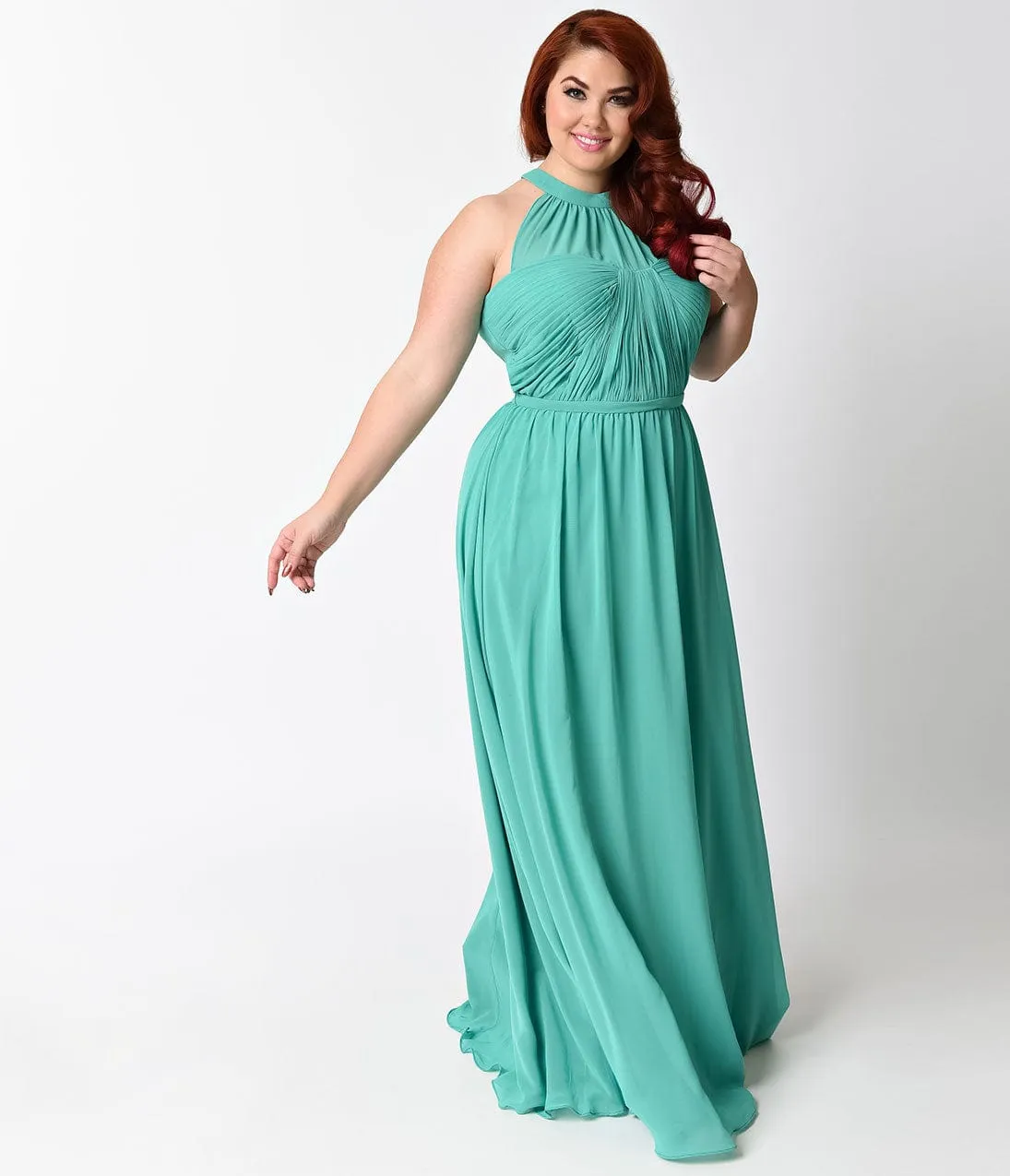Ladivine by Cinderella Divine Plus Size Green Grecian Halter Chiffon Gown sold by Unique Vintage product image thumbnail 3