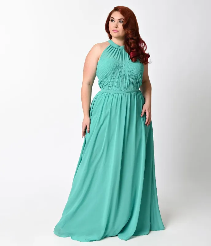 Ladivine by Cinderella Divine Plus Size Green Grecian Halter Chiffon Gown sold by Unique Vintage