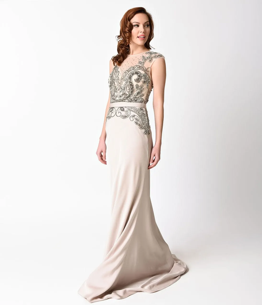 Ladivine by Cinderella Divine Champagne Embellished Sheer Illusion Long Dress sold by Unique Vintage product image thumbnail 3