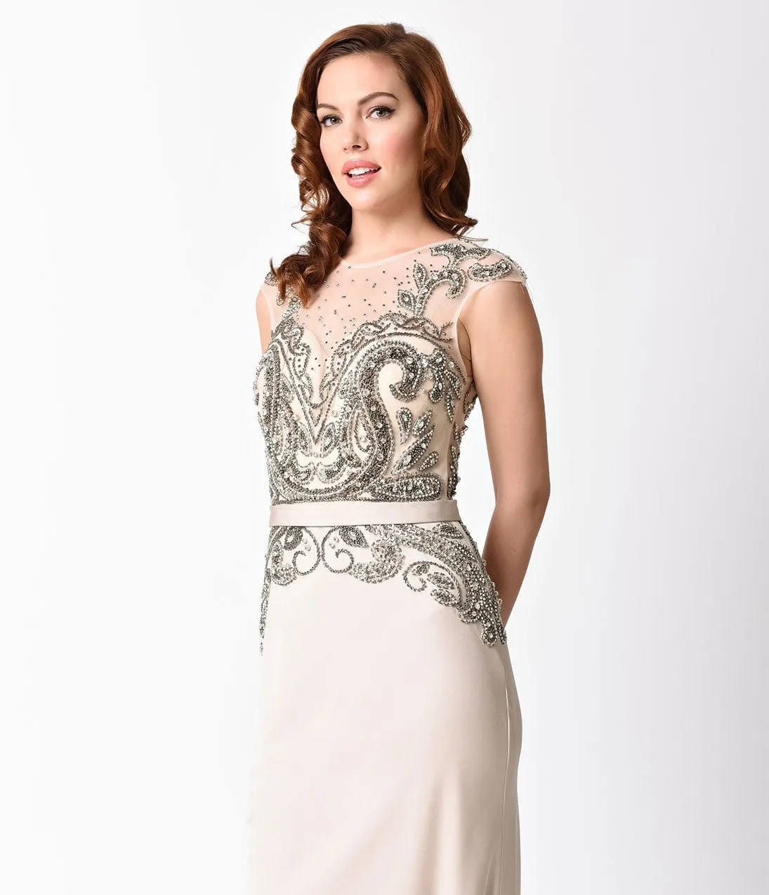 Ladivine by Cinderella Divine Champagne Embellished Sheer Illusion Long Dress sold by Unique Vintage product image thumbnail 2