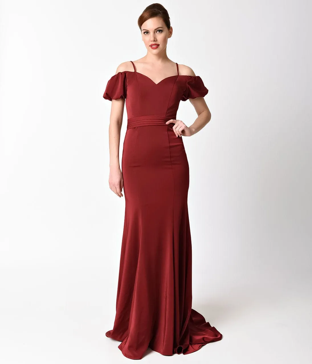 Ladivine by Cinderella Divine Burgundy Off the Shoulder Lace Back Gown sold by Unique Vintage product image thumbnail 3