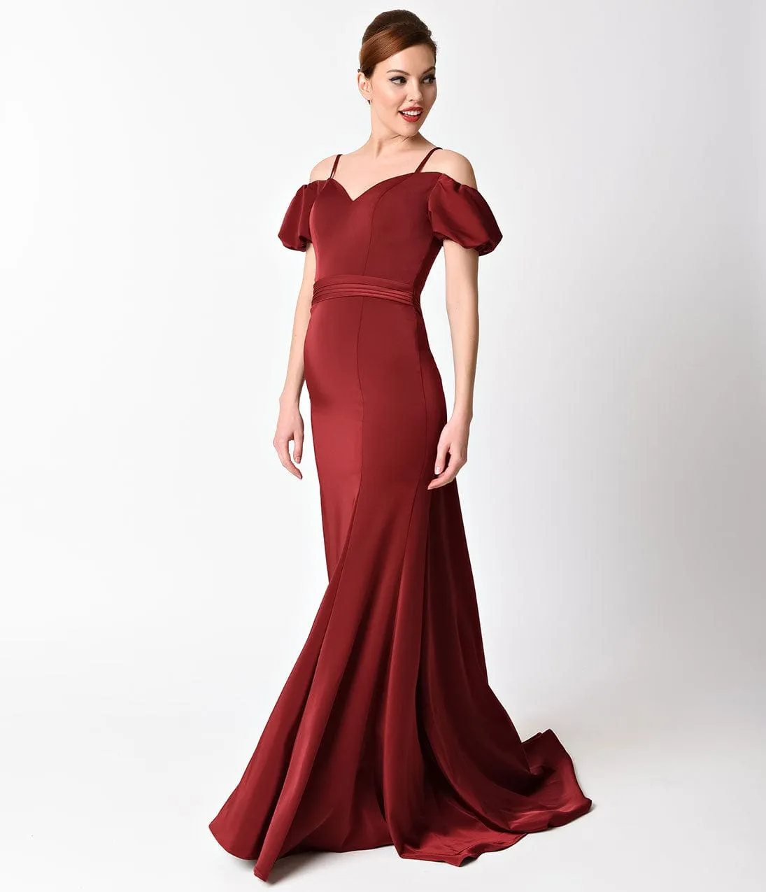 Ladivine by Cinderella Divine Burgundy Off the Shoulder Lace Back Gown sold by Unique Vintage