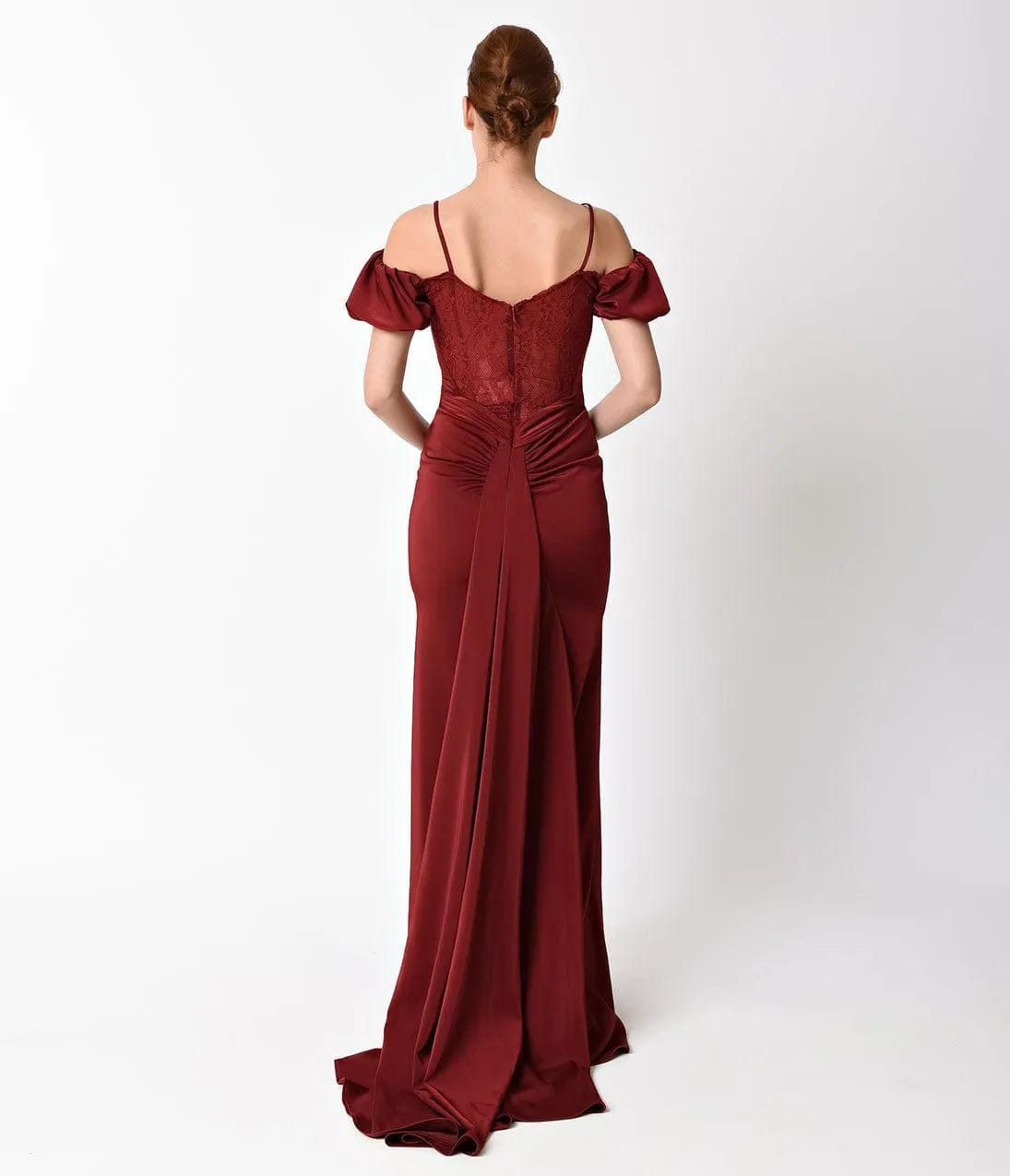 Ladivine by Cinderella Divine Burgundy Off the Shoulder Lace Back Gown sold by Unique Vintage product image thumbnail 4