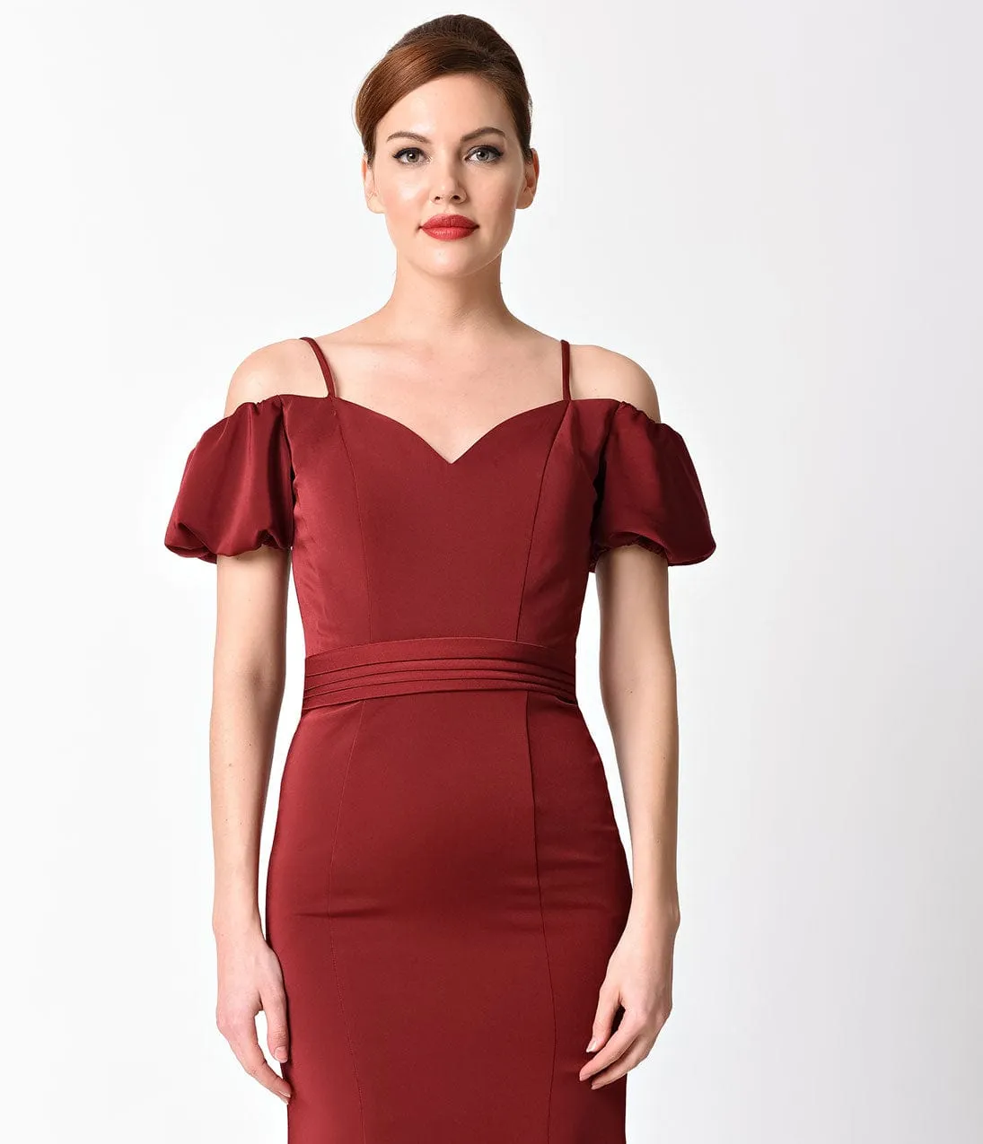 Ladivine by Cinderella Divine Burgundy Off the Shoulder Lace Back Gown sold by Unique Vintage product image thumbnail 2