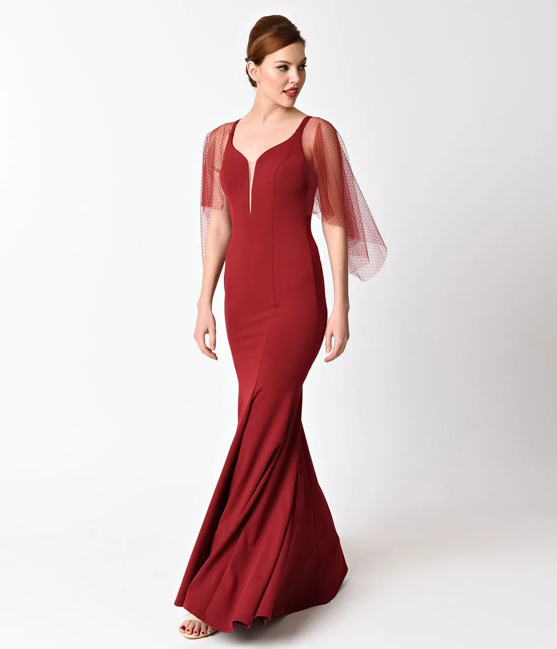 Ladivine by Cinderella Divine Burgundy Dotted Mesh Sleeve Long Dress sold by Unique Vintage product image thumbnail 3