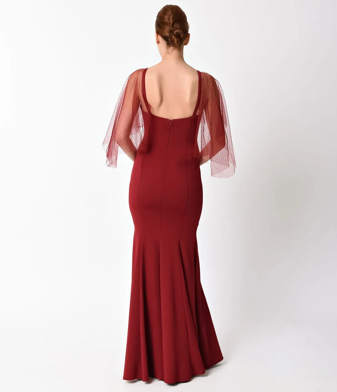 Ladivine by Cinderella Divine Burgundy Dotted Mesh Sleeve Long Dress sold by Unique Vintage product image thumbnail 4