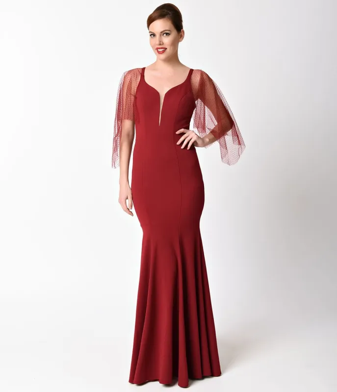 Ladivine by Cinderella Divine Burgundy Dotted Mesh Sleeve Long Dress made by Unique Vintage