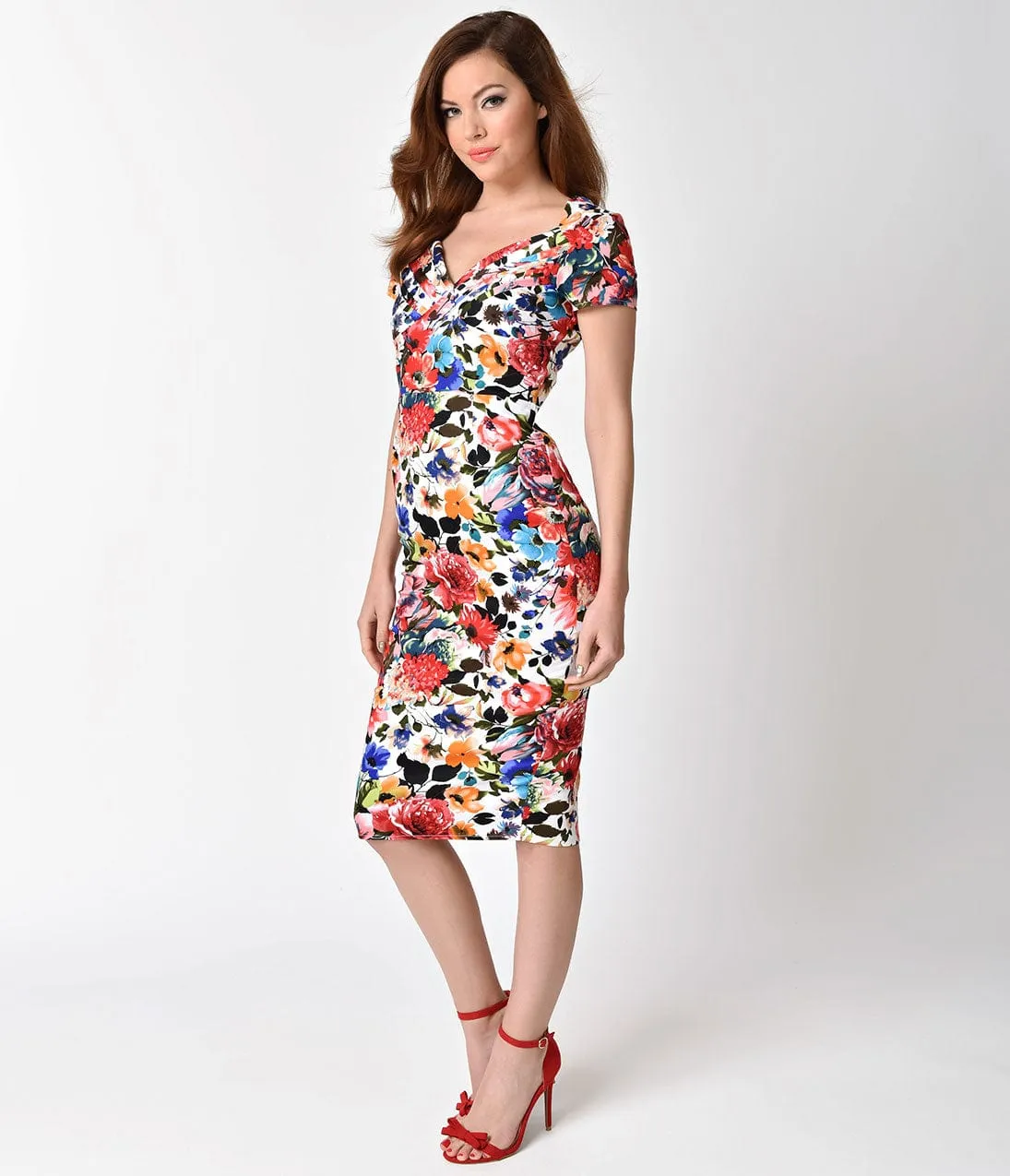 Unique Vintage 1950s Style Bright Blossoming Floral St. Pierre Wiggle Dress sold by Unique Vintage product image thumbnail 4