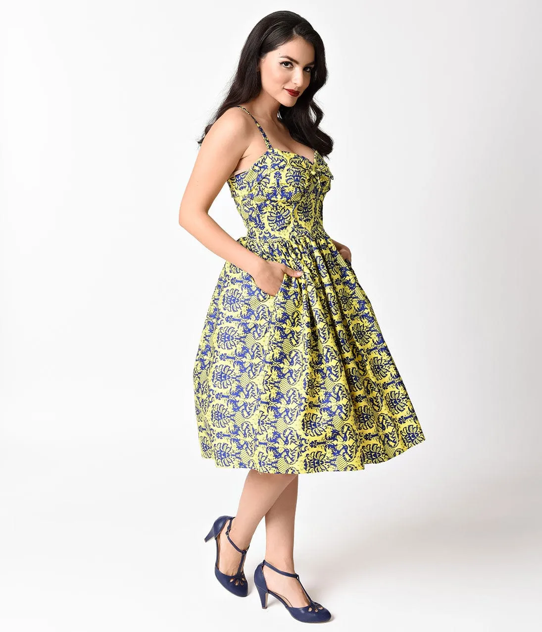 Unique Vintage 1950s Style Yellow & Navy Damask Chateau Swing Dress sold by Unique Vintage product image thumbnail 5