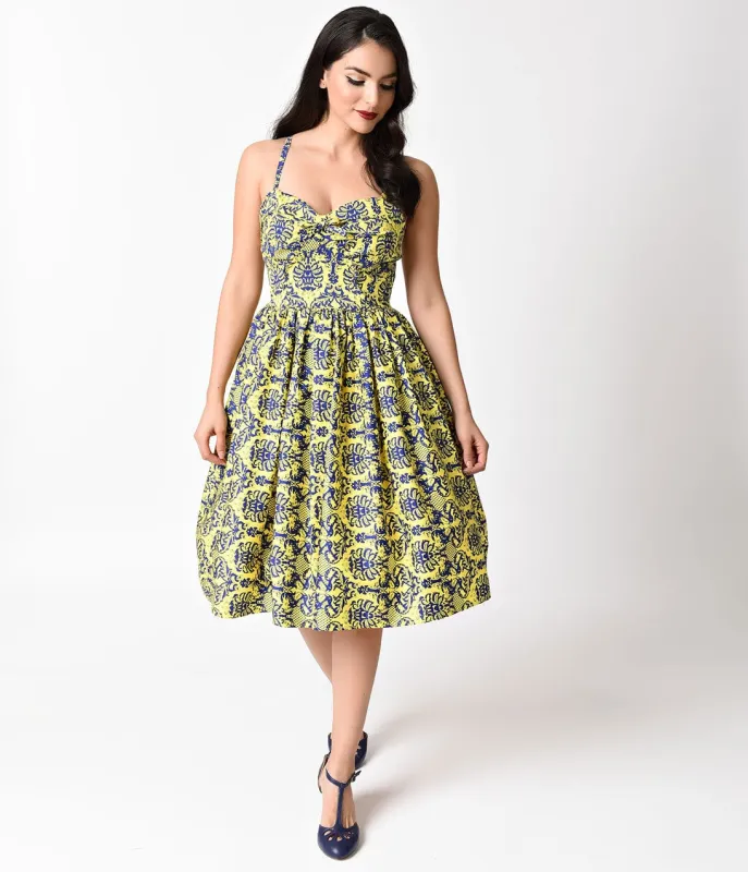 Unique Vintage 1950s Style Yellow & Navy Damask Chateau Swing Dress made by Unique Vintage