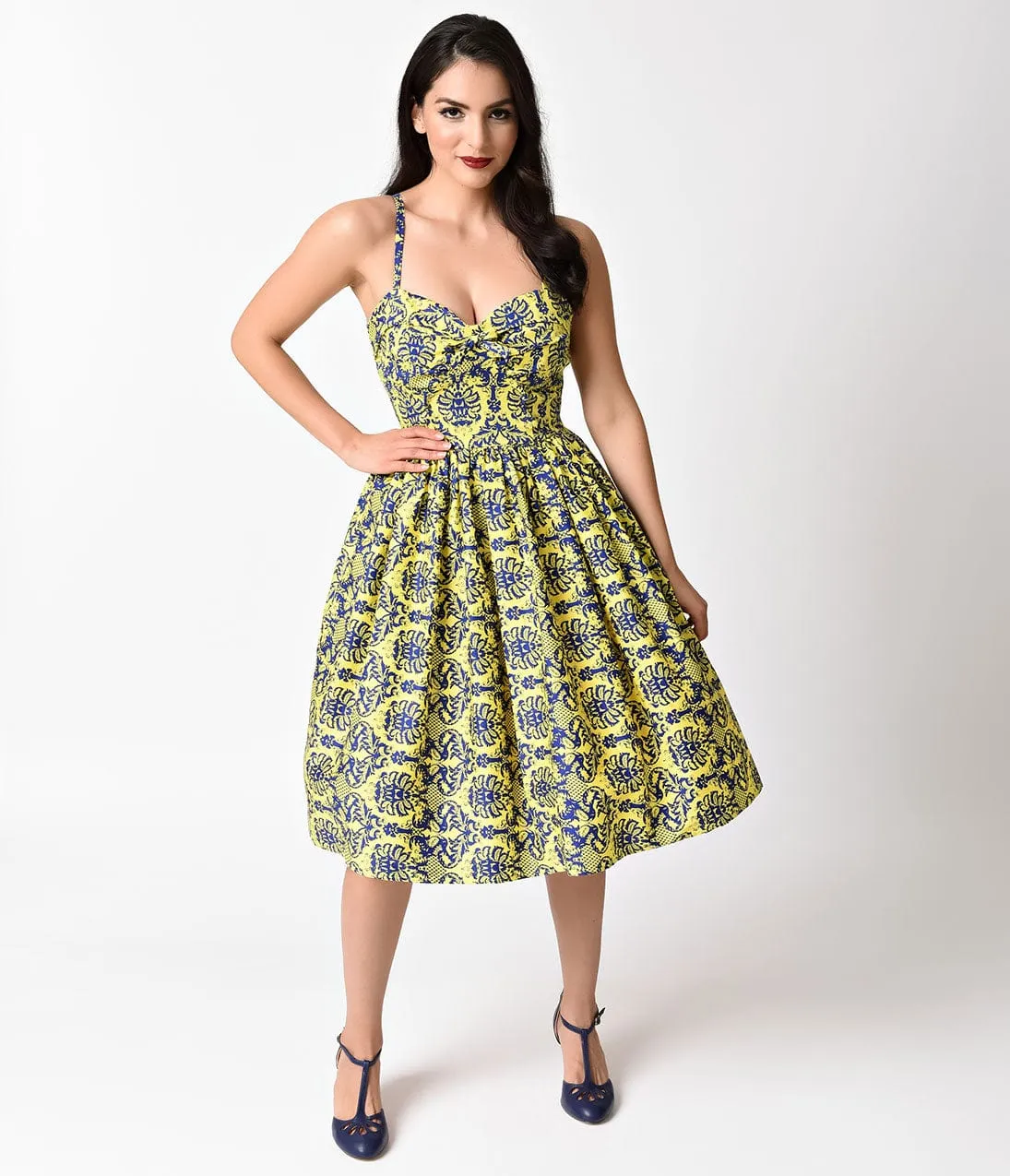 Unique Vintage 1950s Style Yellow & Navy Damask Chateau Swing Dress sold by Unique Vintage product image thumbnail 4
