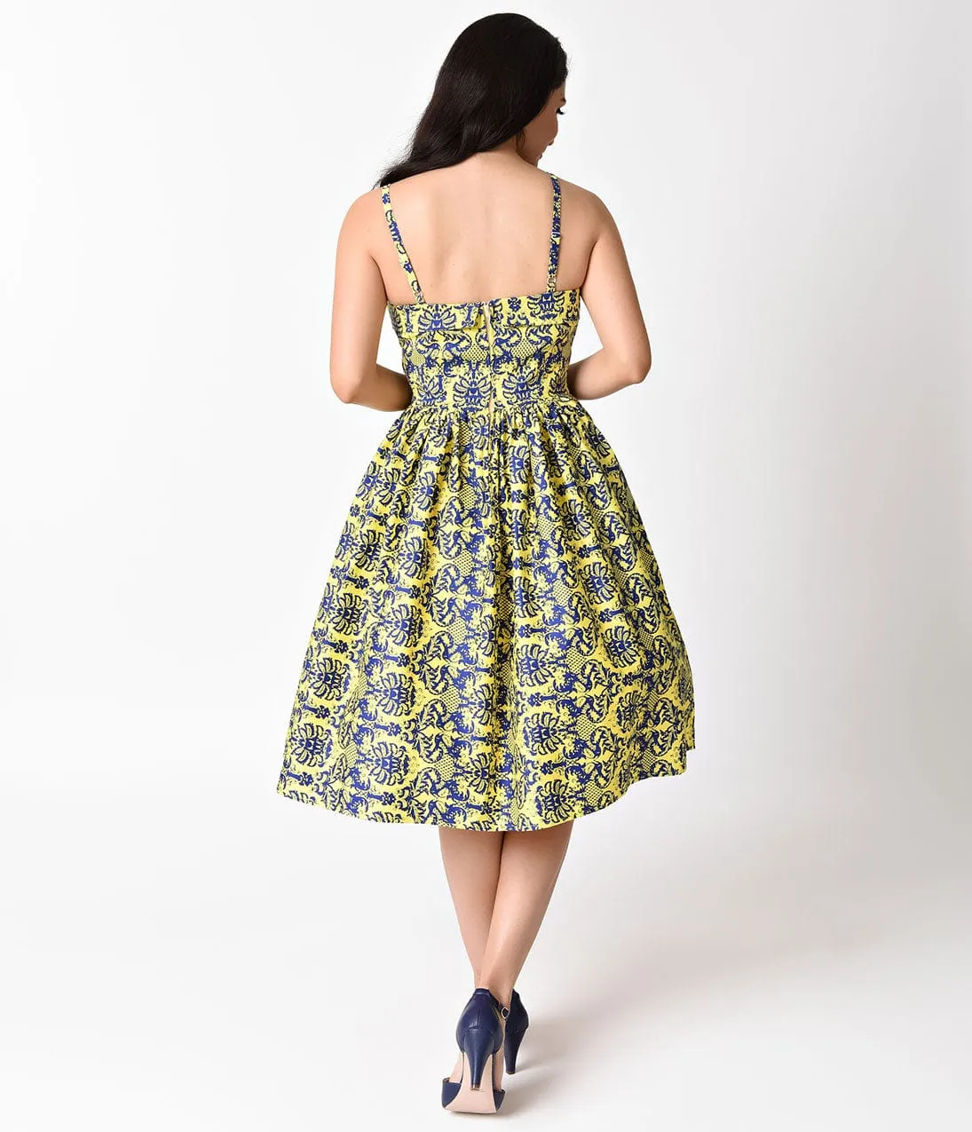Unique Vintage 1950s Style Yellow & Navy Damask Chateau Swing Dress sold by Unique Vintage product image thumbnail 2
