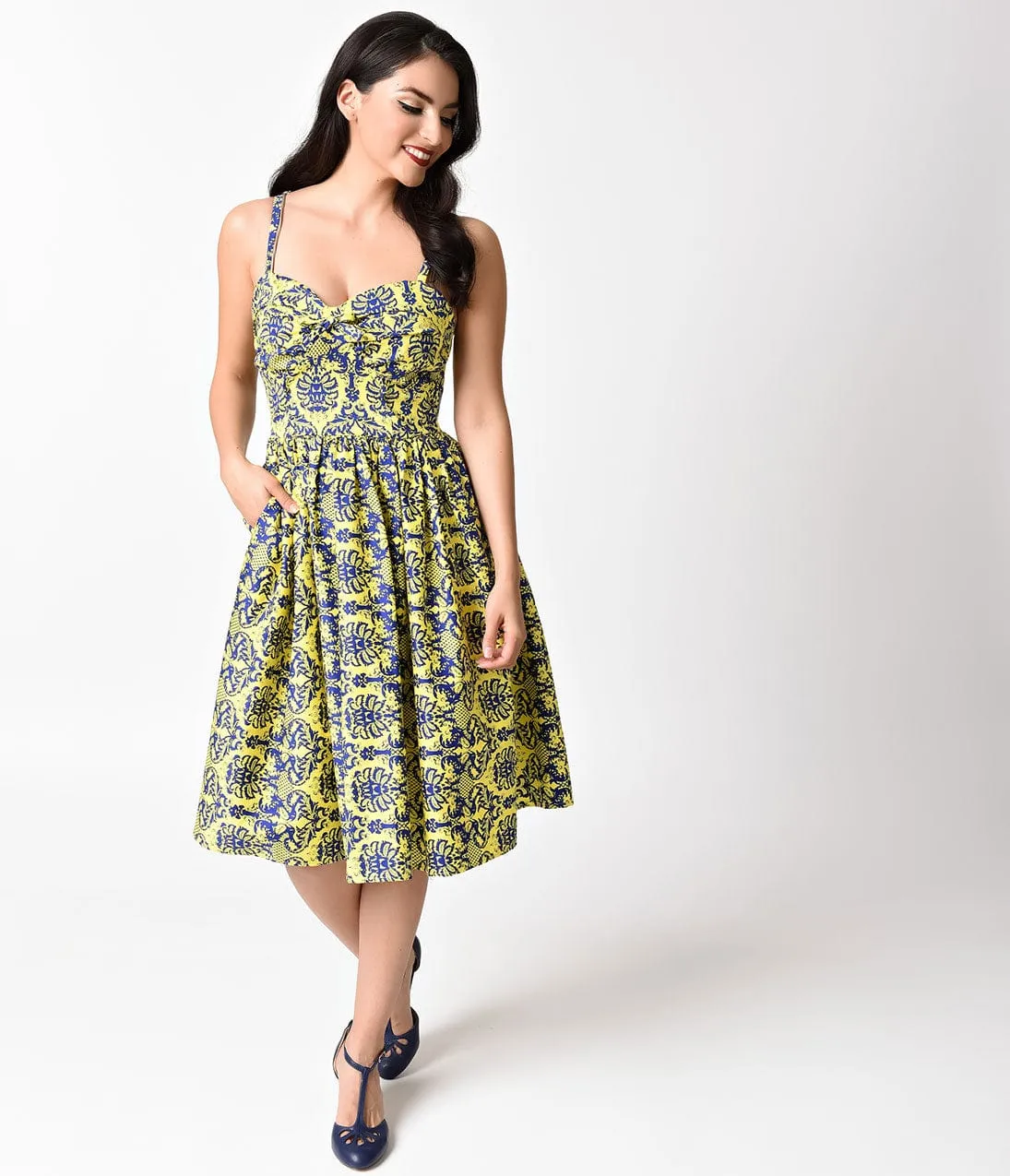 Unique Vintage 1950s Style Yellow & Navy Damask Chateau Swing Dress sold by Unique Vintage product image thumbnail 3