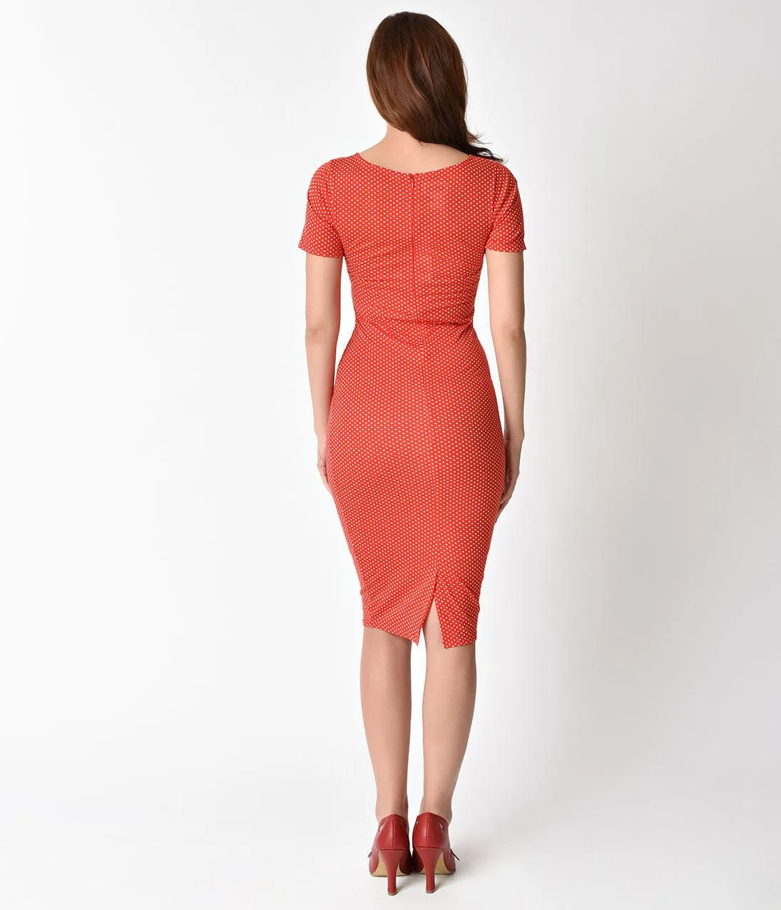 Unique Vintage 1960s Style Red & White Pin Dot Knit Presley Wiggle Dress sold by Unique Vintage product image thumbnail 2