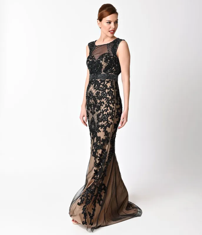 Ladivine by Cinderella Divine Black Lace Sexy Sleeveless Long Gown sold by Unique Vintage