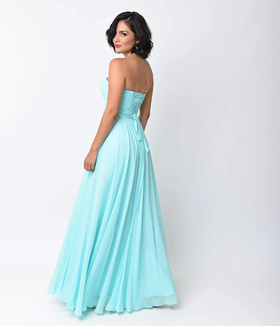 Ladivine by Cinderella Divine Sky Blue Chiffon Strapless Sweetheart Corset Long Gown sold by Unique Vintage product image thumbnail 2