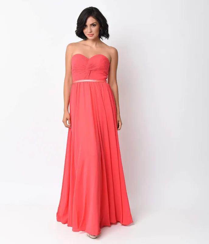 Ladivine by Cinderella Divine Watermelon Chiffon Strapless Sweetheart Corset Long Gown sold by Unique Vintage