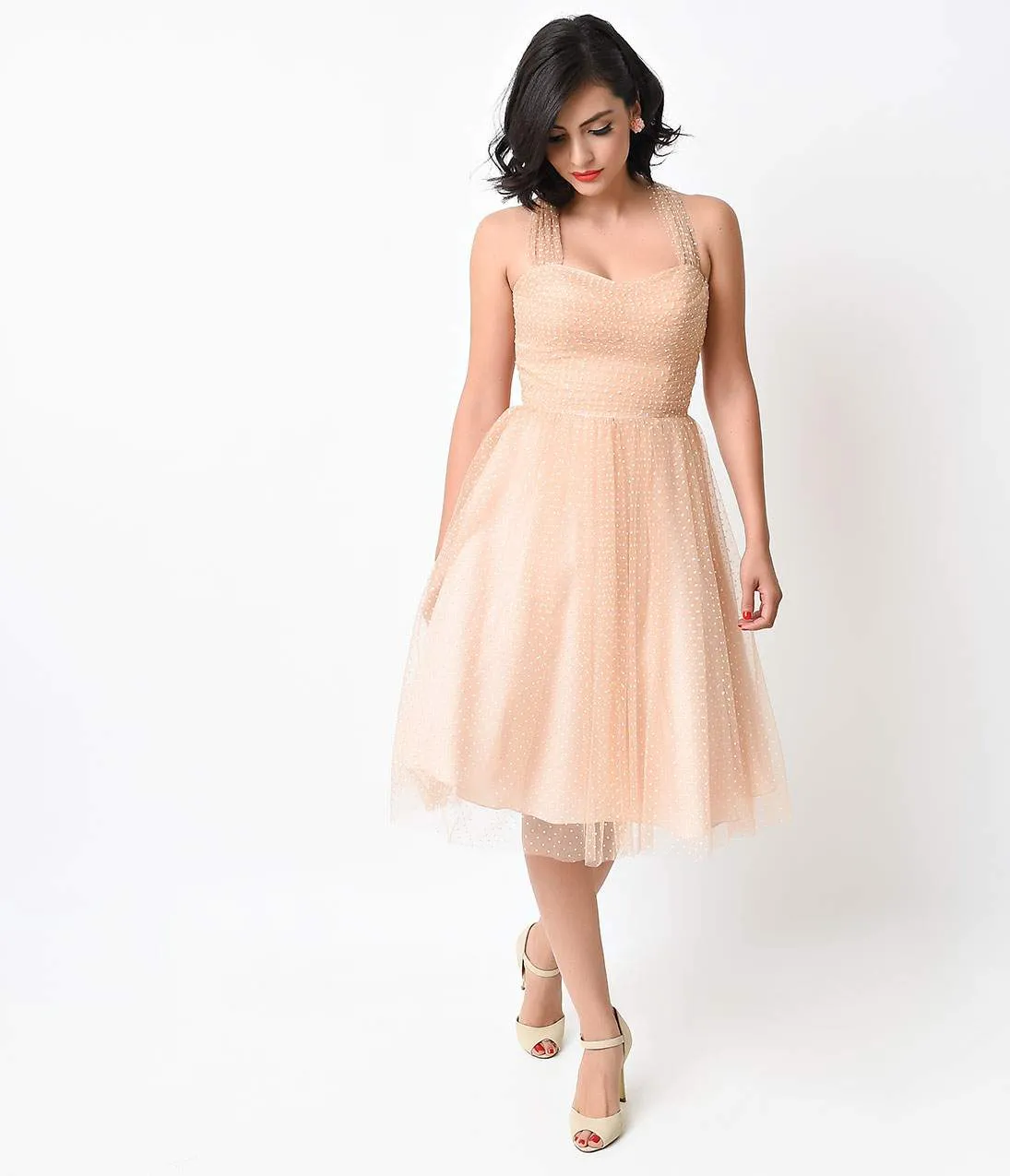 Unique Vintage Nude & White Swiss Dot Garden State Mesh Cocktail Dress sold by Unique Vintage product image thumbnail 3