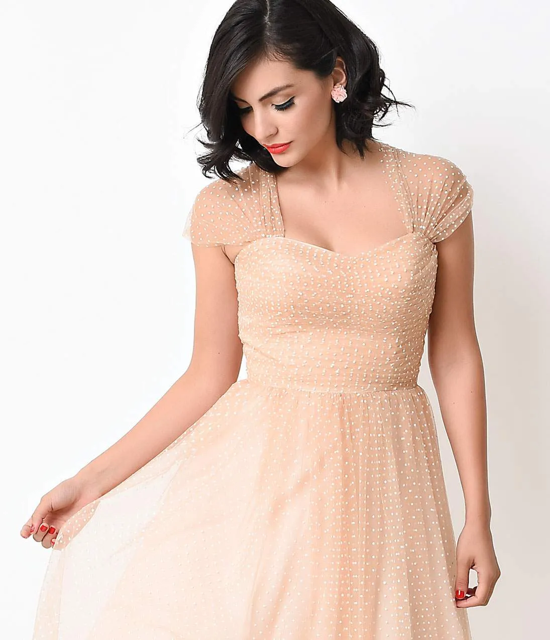 Unique Vintage Nude & White Swiss Dot Garden State Mesh Cocktail Dress sold by Unique Vintage product image thumbnail 4