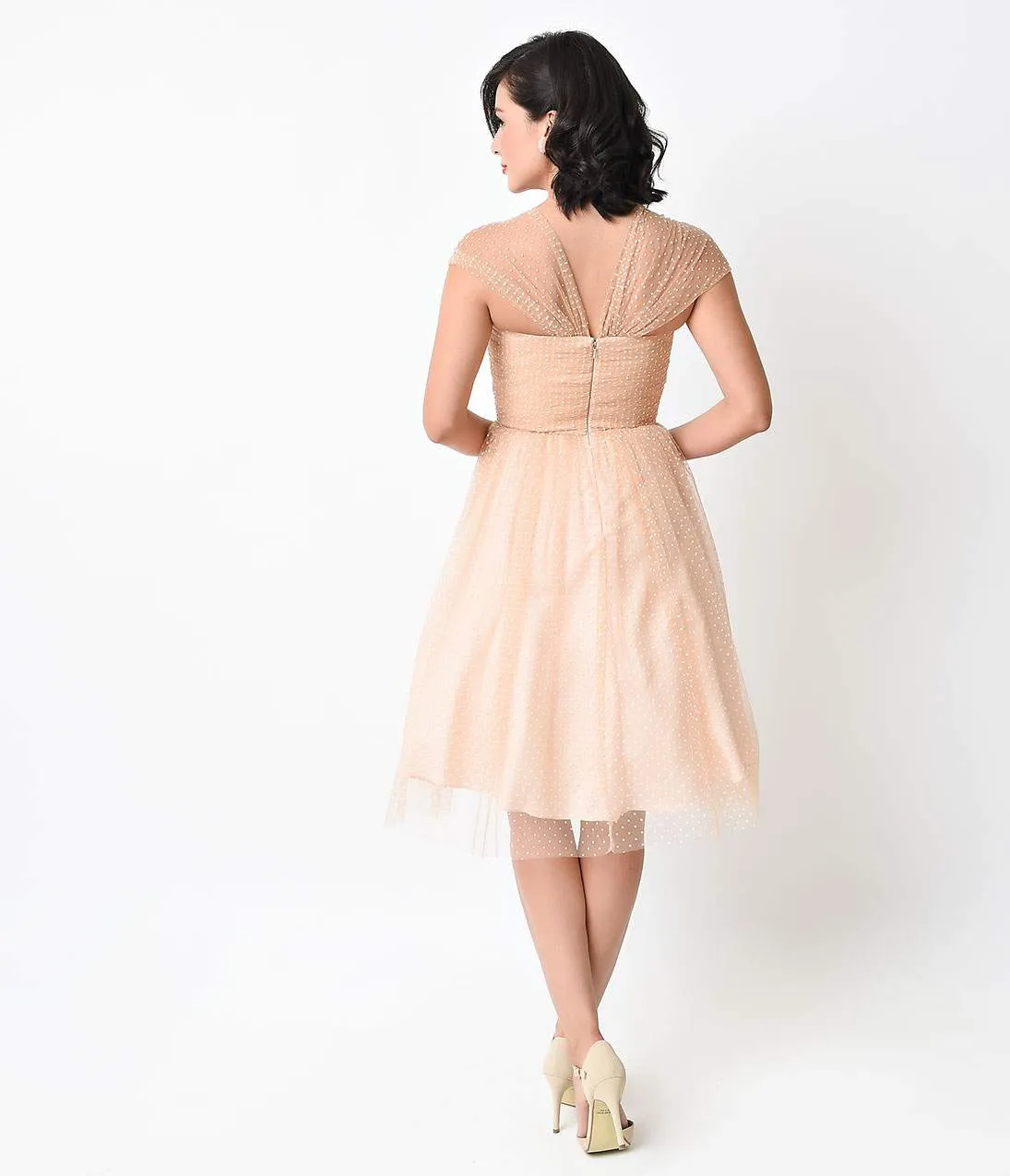 Unique Vintage Nude & White Swiss Dot Garden State Mesh Cocktail Dress sold by Unique Vintage product image thumbnail 2