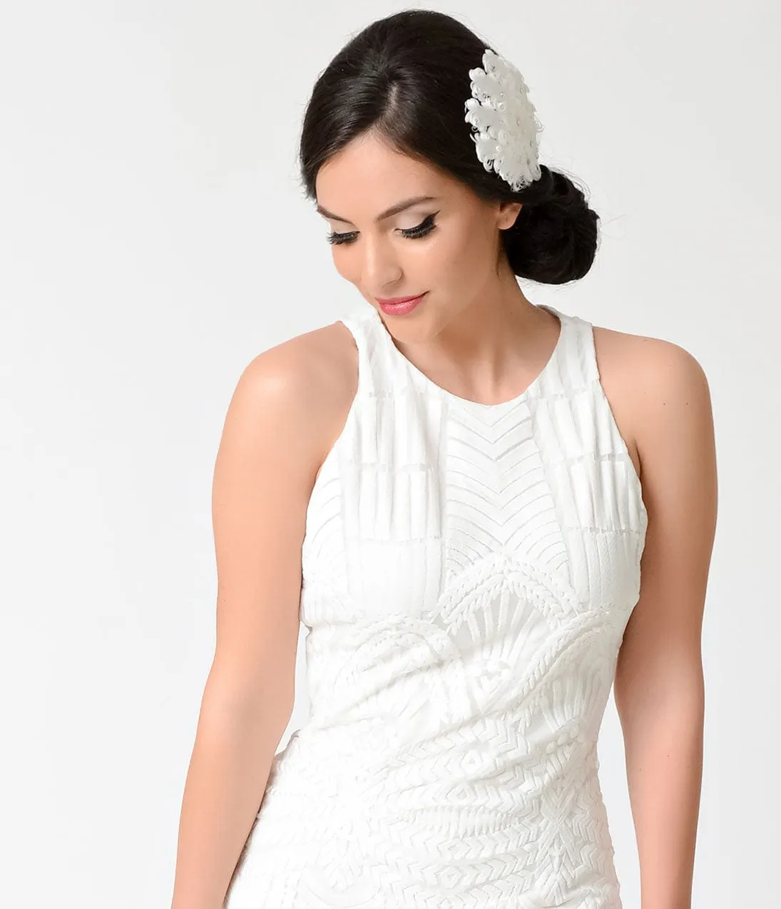 Unique Vintage 1920s White Curled Feather & Rhinestone Pearl Hair Clip sold by Unique Vintage