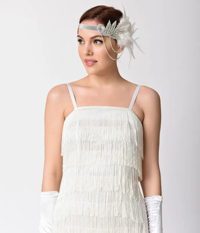 Unique Vintage 1920s Silver Rhinestone Chain & Ivory Feather Stretch Headband sold by Unique Vintage