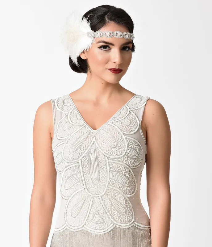 Unique Vintage Ivory Pearl & Beige Feather Rhinestone Link Headband sold by Unique Vintage