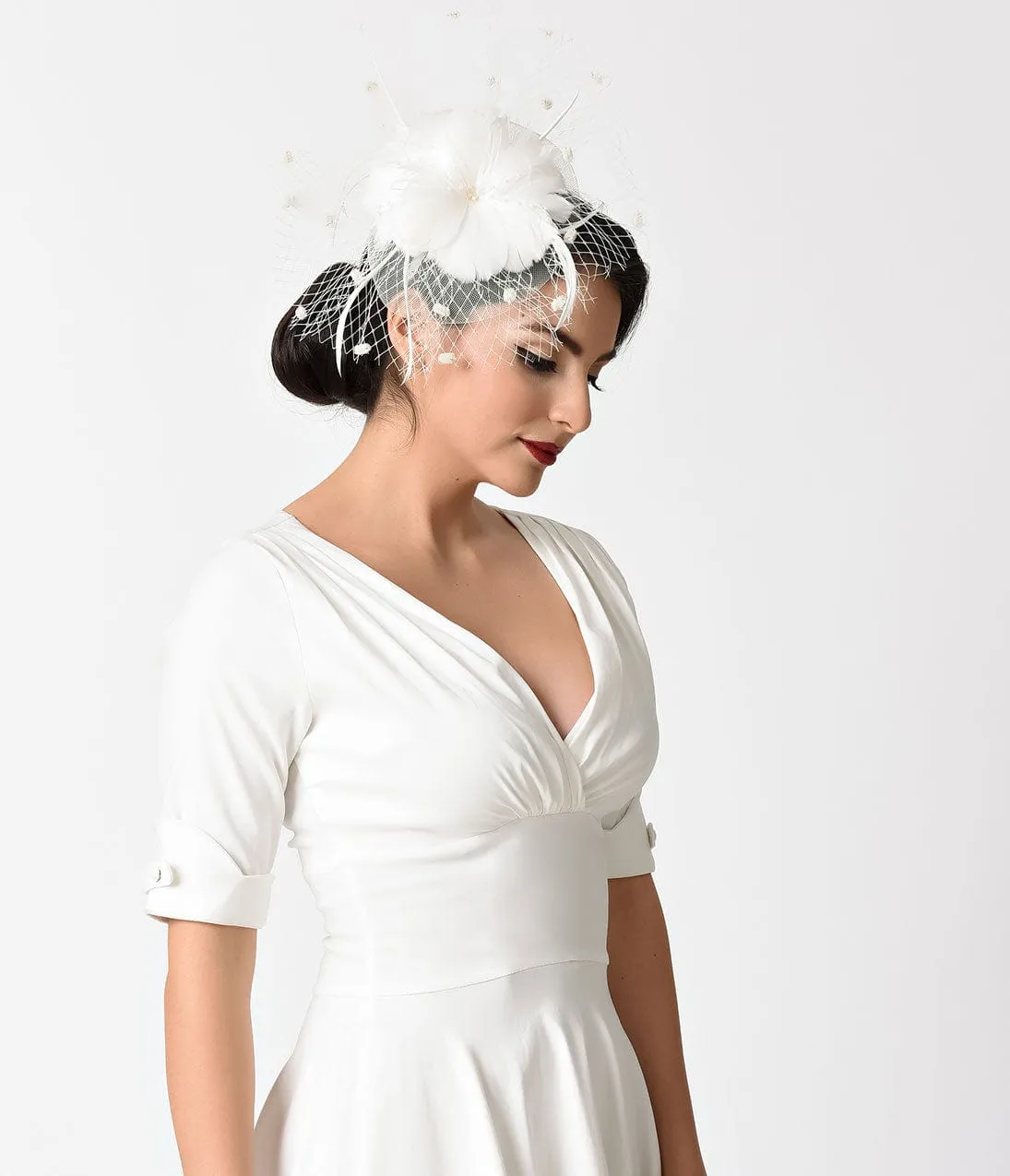 Unique Vintage White Feather & Sinamay Netted Fascinator sold by Unique Vintage