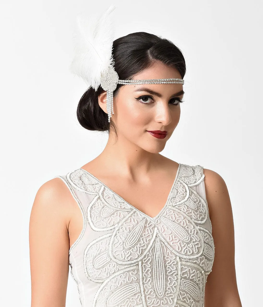 Unique Vintage 1920s White Feather & Rhinestone Flower Headband sold by Unique Vintage