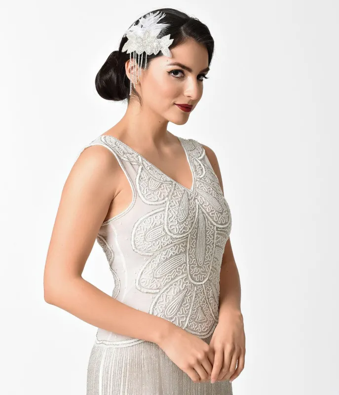 Unique Vintage White Feather & Floral Rhinestone Embellishment Hair Clip sold by Unique Vintage