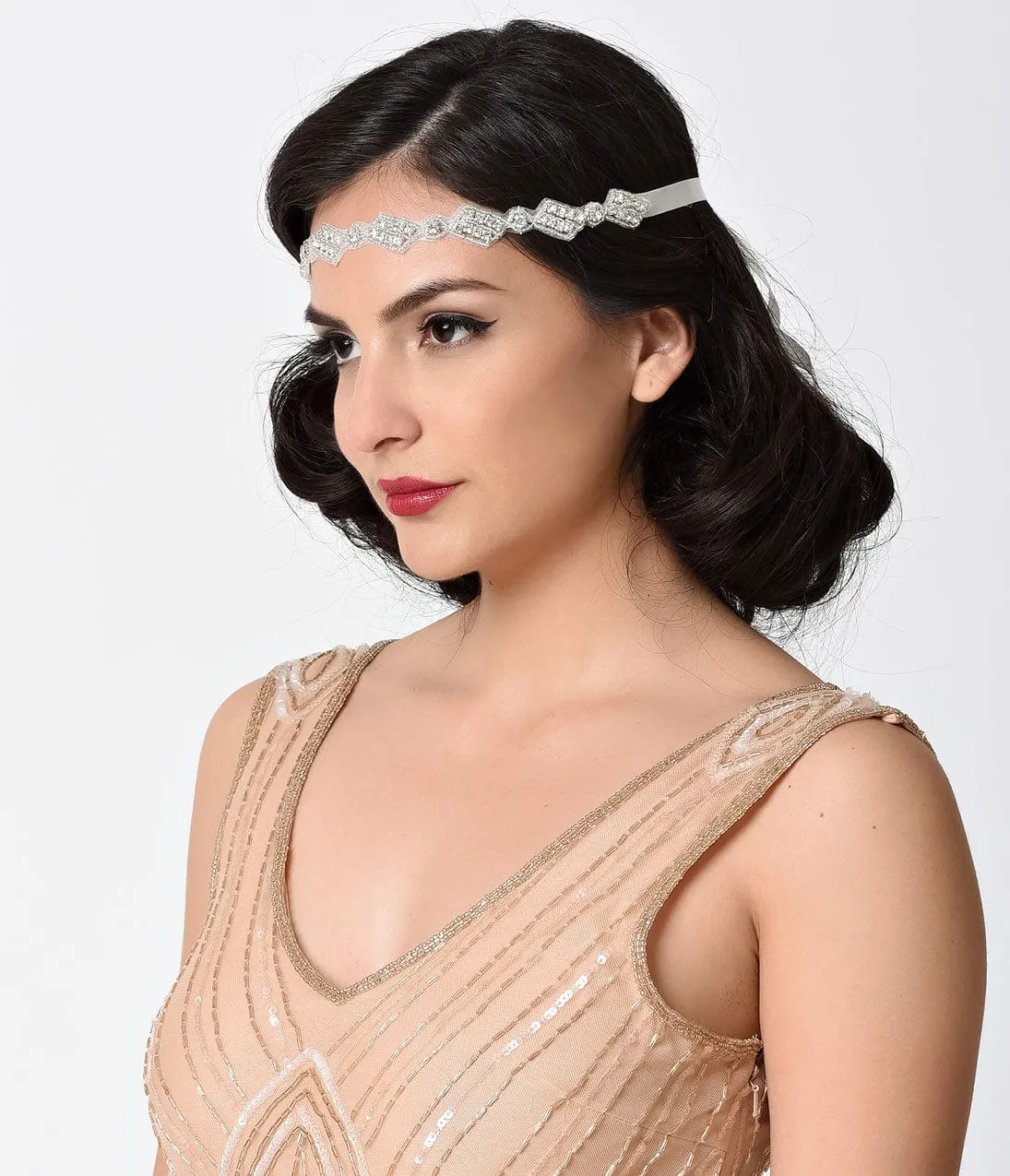 Unique Vintage Silver & White Rhinestone Ribbon Headband sold by Unique Vintage product image thumbnail 2