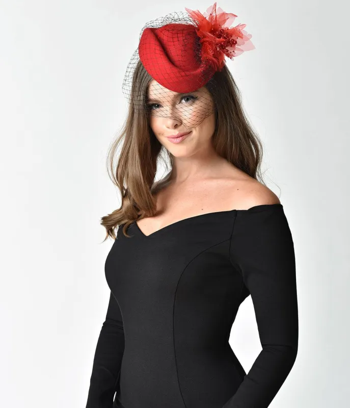 Unique Vintage Red Wool Hat & Feather Veil Fascinator sold by Unique Vintage