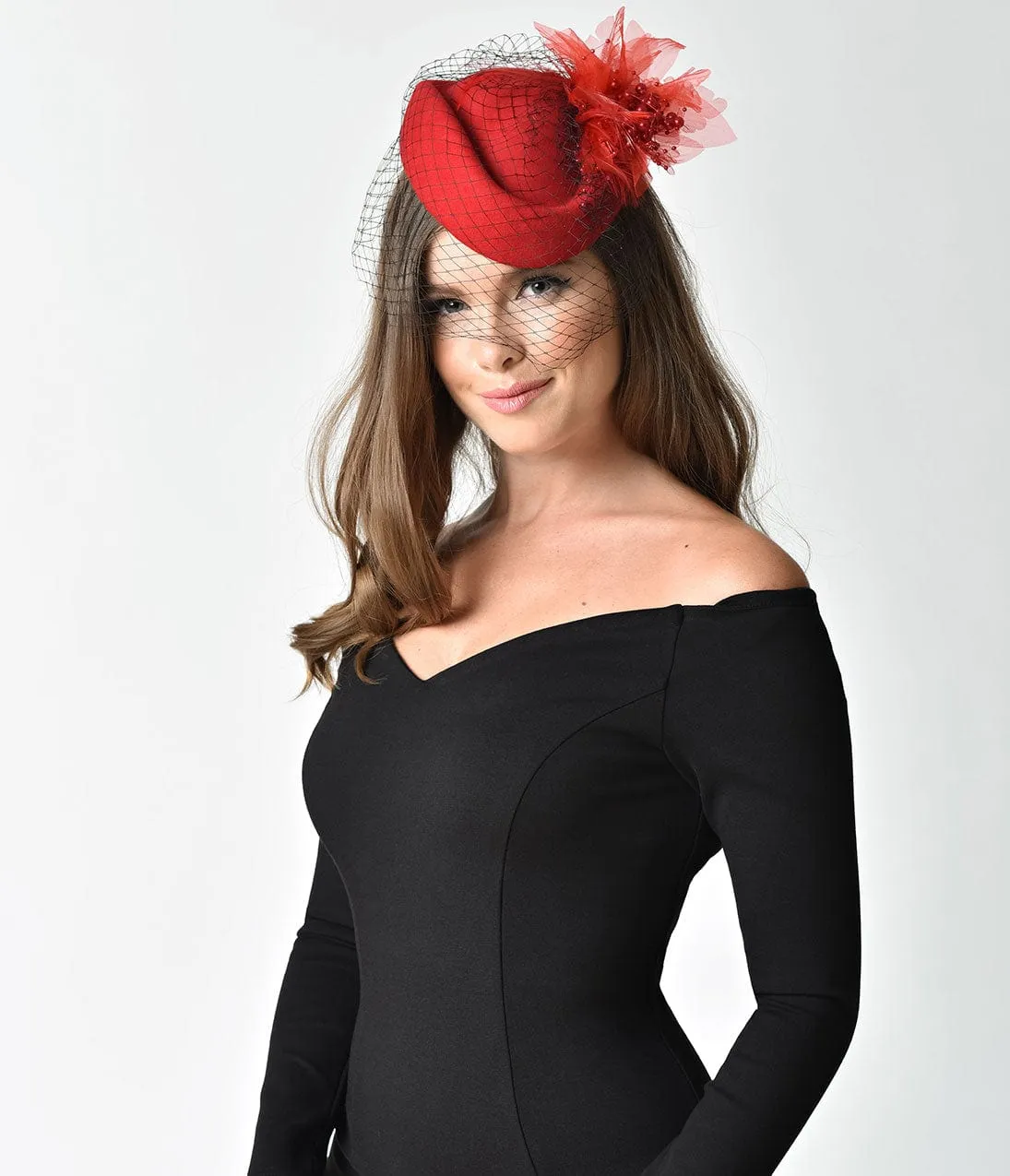 Unique Vintage Red Wool Hat & Feather Veil Fascinator sold by Unique Vintage