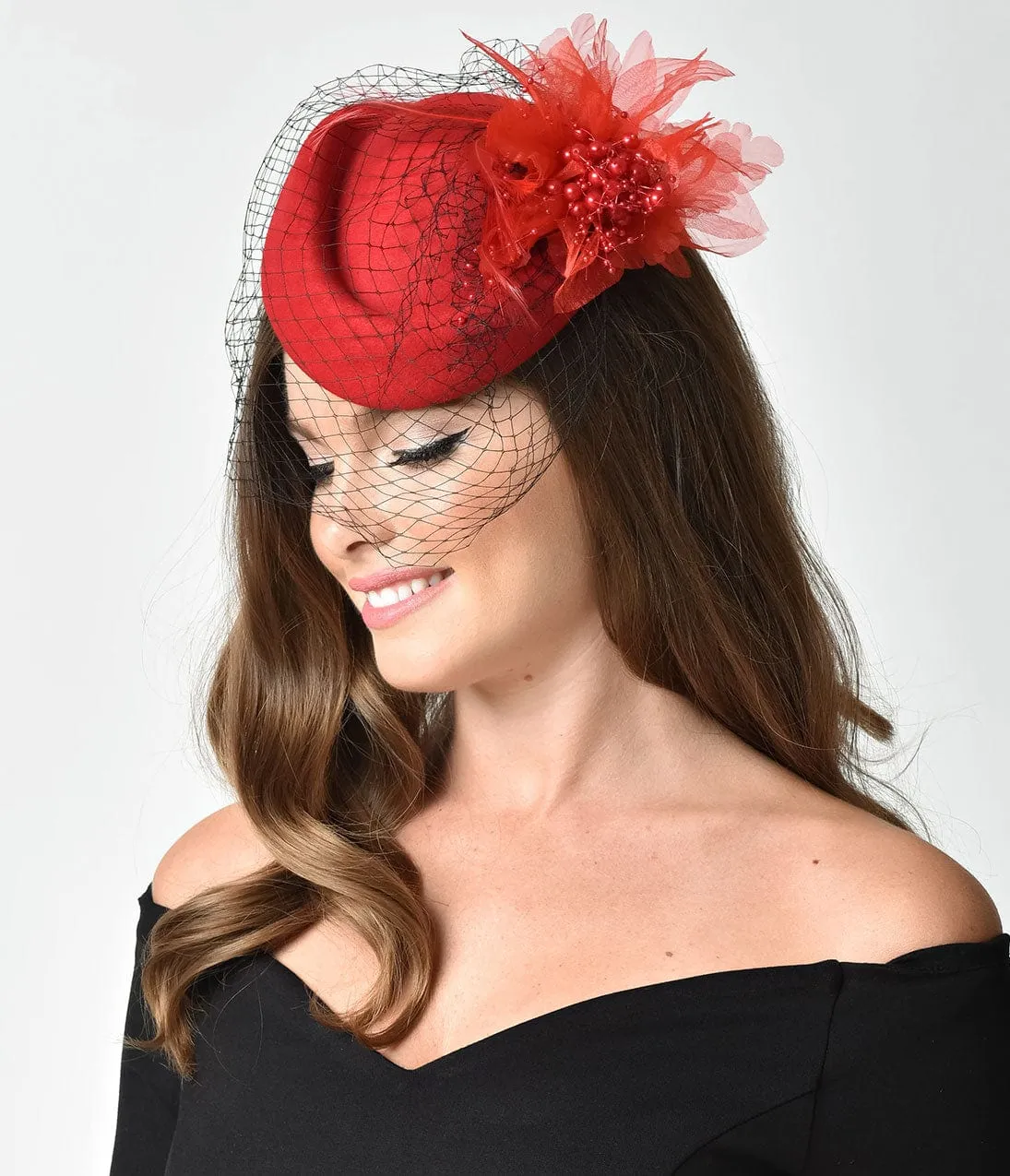 Unique Vintage Red Wool Hat & Feather Veil Fascinator sold by Unique Vintage product image thumbnail 2