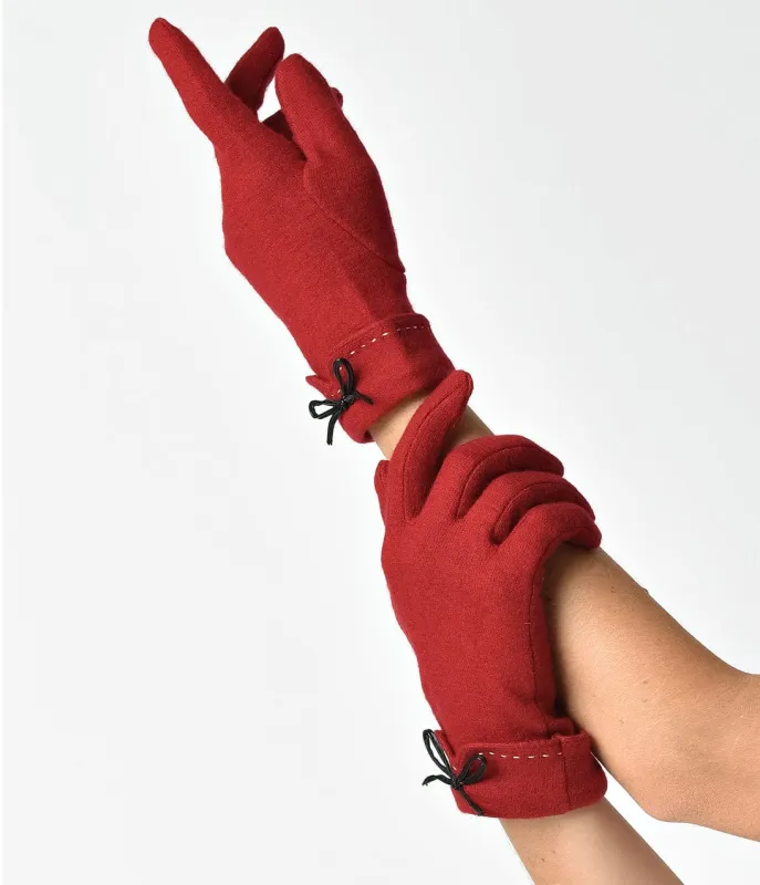 Unique Vintage Red Fleece Bow Trim Wrist Gloves sold by Unique Vintage