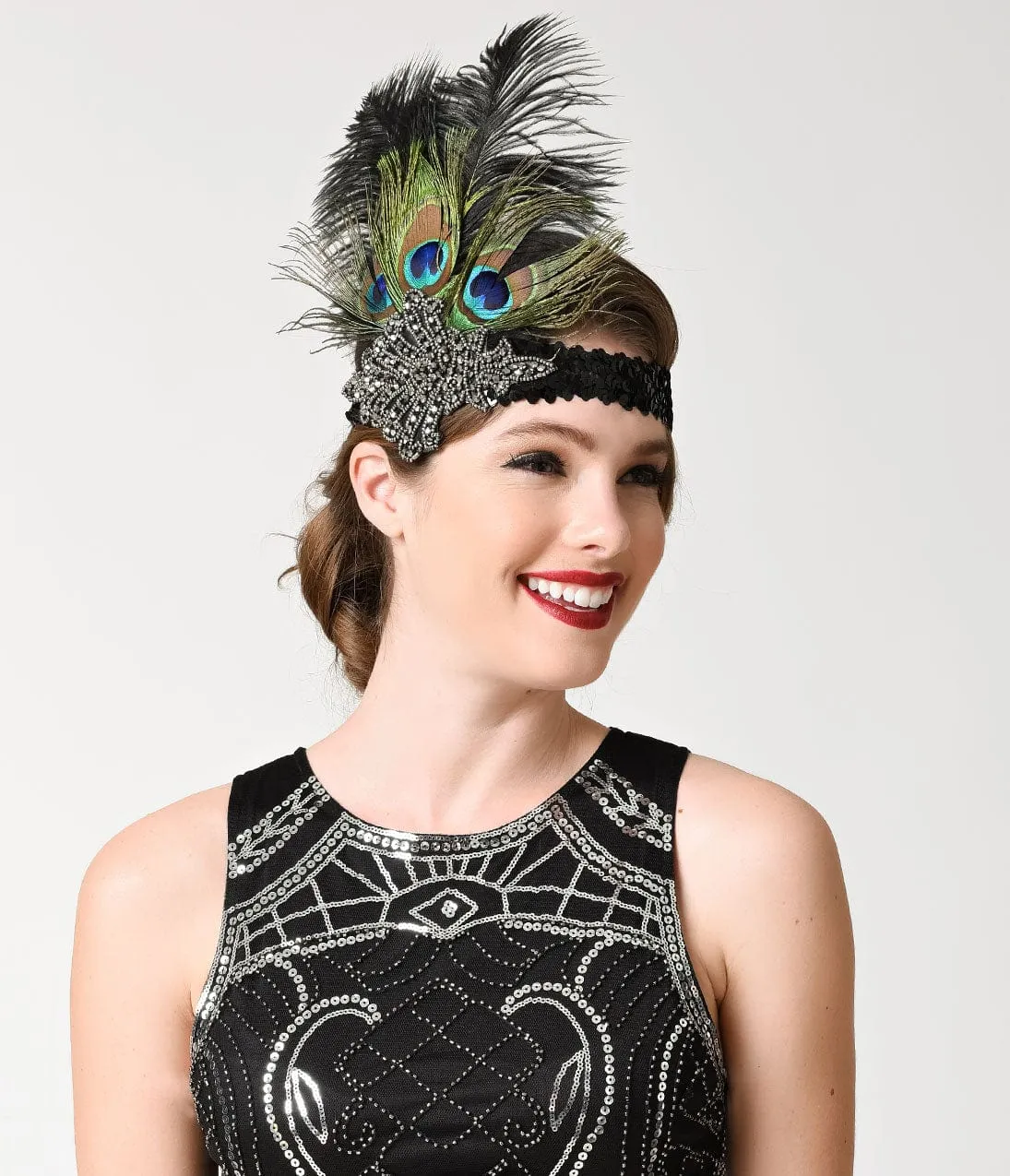 Unique Vintage 1920s Peacock & Black Feather Gunmetal Crystal Headband sold by Unique Vintage product image thumbnail 3