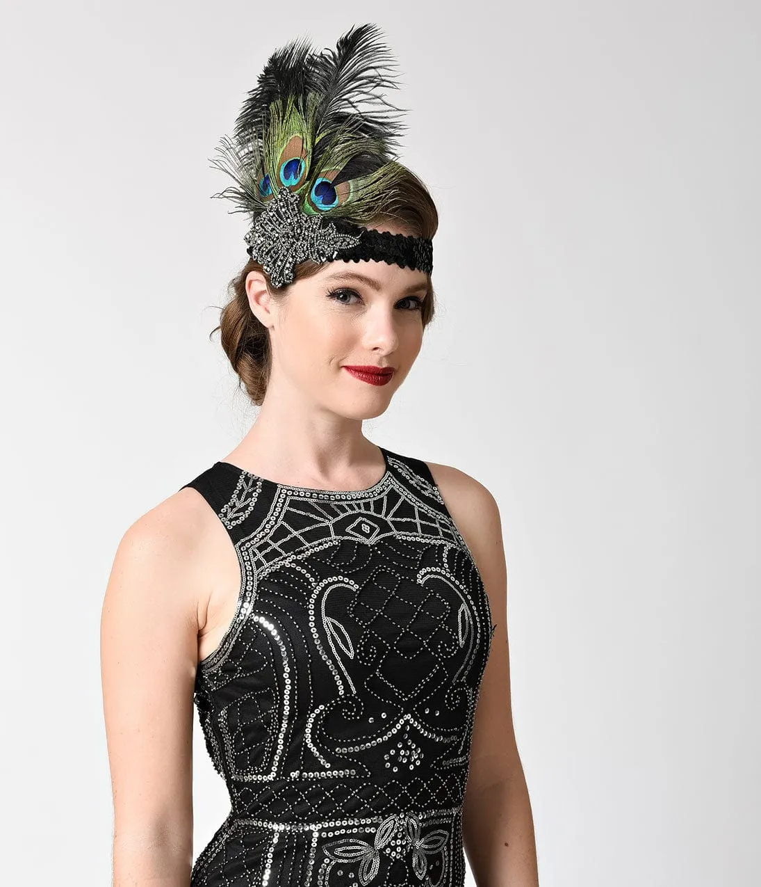 Unique Vintage 1920s Peacock & Black Feather Gunmetal Crystal Headband sold by Unique Vintage