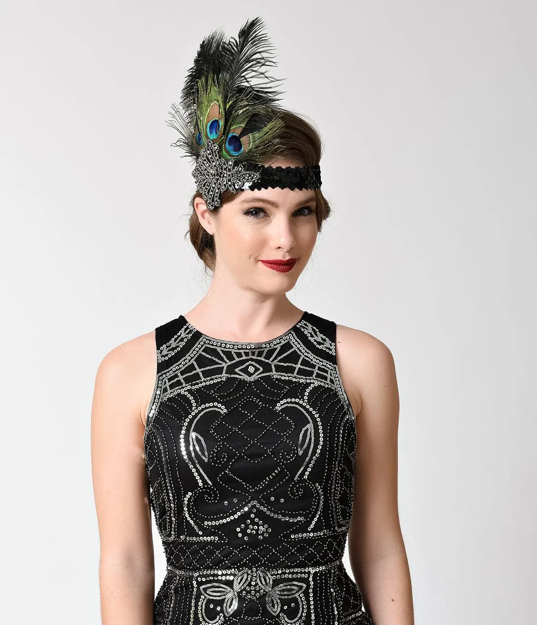 Unique Vintage 1920s Peacock & Black Feather Gunmetal Crystal Headband sold by Unique Vintage product image thumbnail 2