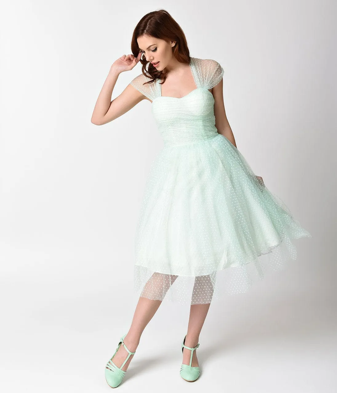 Unique Vintage Mint & White Swiss Dot Garden State Mesh Cocktail Dress sold by Unique Vintage product image thumbnail 4